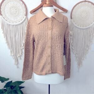 Joie super soft tan open knit collared button front cardigan large NEW